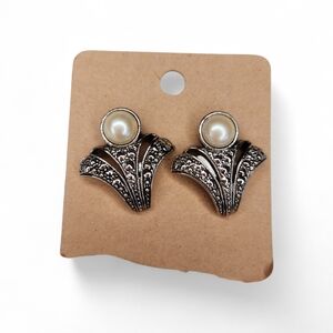 Vintage Art Deco Revival Style Pearl Fan Earrings Silver Tone Textured Statement